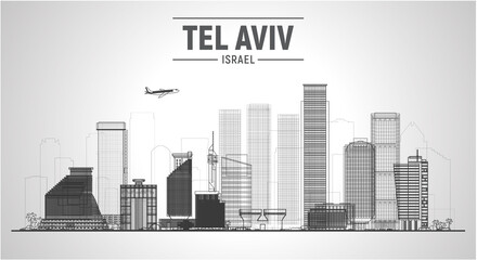 Naklejka premium Tel Aviv Israel line city silhouette skyline on white background. Vector Illustration. Business travel and tourism concept with modern buildings. Image for presentation, banner, website.