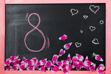 8 march chalkboard greetings, tulip petals, pink frame