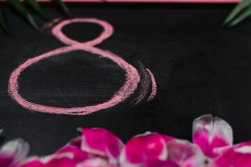 8 march chalkboard greetings, tulip petals, pink frame