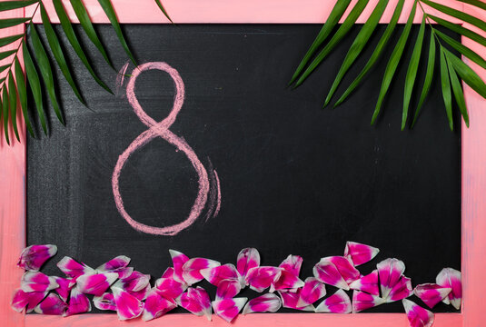 8 march chalkboard greetings, tulip petals, pink frame