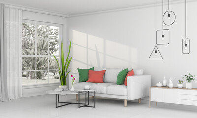 Living room interior in modern style, 3d render with sofa and decorations.
