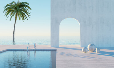 Beach lounge with Sunbathing deck and private swimming pool with sea view at luxury villa, 3d rendering