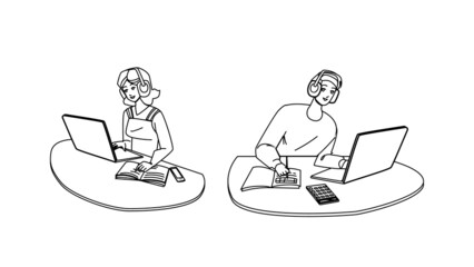 Student Couple Doing Homework On Laptop Black Line Pencil Drawing Vector. Young Boy And Girl Teenagers Wearing Earphones And Using Digital Computer For Preparing Homework. Characters Illustration