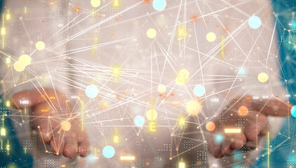 Global network. Blockchain. 3D illustration. Neural networks and artificial intelligence. Abstract