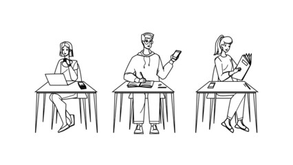 University Students In Classroom Studying Black Line Pencil Drawing Vector. Students In Classroom Reading Book, Using Smartphone And Laptop For Searching Study Information In Internet. Characters