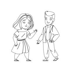 Boy And Girl Kids Talking In Kindergarten Black Line Pencil Drawing Vector. Happy Children Friends Talking Together On Playground. Preschooler Characters Communication And Friendship Illustration