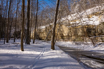 Fresh snow on a beautiful sunny morning. Starved Rock state park, Illinois, USA.