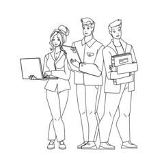 Office Team Colleagues Working Together Black Line Pencil Drawing Vector. Young Man And Woman Office Team Work With Laptop, Smartphone Digital Devices And Documentation. Characters Employees