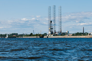 Ensco 101 floating drilling rig,drilling cranes,vessels and mining platforms in Kronstadt on Navy Day.Kronstadt Marine Plant.Russia,Kronstadt,31.07.2021