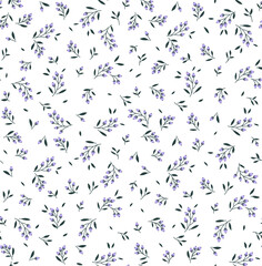 Vector seamless pattern. Pretty pattern in small flower branches with berries. Small lilac flowers. White background. Ditsy floral background. The elegant the template for fashion prints. Stock vector