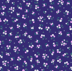 Trendy seamless vector floral pattern. Endless print made of small white and pink flowers. Summer and spring motifs. Bright blue background. Stock vector illustration.