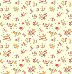 Spring flowers print. Vector seamless floral pattern. Floral design for fashion prints. Endless print made of small yellow and red  flowers. Elegant template. Ivory background. Stock vector.