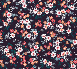 Vintage floral background. Floral pattern with small white, orange and red flowers on a dark violet background. Seamless pattern for design and fashion prints. Ditsy style. Stock vector illustration.