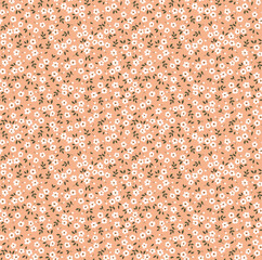 Vintage floral background. Floral pattern with small white flowers on a light peach background. Seamless pattern for design and fashion prints. Ditsy style. Stock vector illustration.