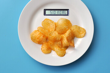 A table with the number of calories in food on a plate. The number of calories in chips