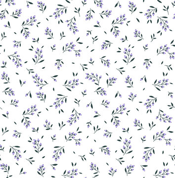 Vector seamless pattern. Pretty pattern in small flower branches with berries. Small lilac flowers. White background. Ditsy floral background. The elegant the template for fashion prints. Stock vector