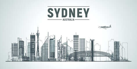 Naklejka premium Sydney Australia Cityline architecture vector illustration, skyscraper, flat design. Tourism banner design template with Sydney Australia.