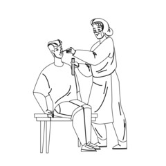 Pcr Test From Patient Nose Making Nurser Black Line Pencil Drawing Vector. Pcr Test Make Doctor In Hospital Laboratory Cabinet. Characters Coronavirus Epidemic Examination Procedure Illustration