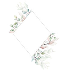 Watercolor painted floral frame. Arrangement with branches and leaves. Vector rhombus template for wedding invitation