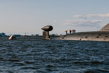 View from the water of nuclear submarines in the waters of the Gulf of Finland.Preparation for the...