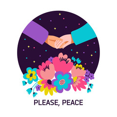 Two people hold hands against the background of a starry sky and bright flowers. Friendship, peace, love. Please Peace, no war. Concept vector flat illustration.