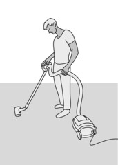 Vector concept illustration of a young adult man using a vacuum cleaner