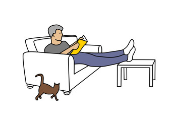 Vector icon illustration of a single young man sitting on his sofa reading in a book or a magazine