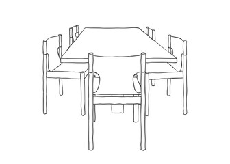 Hand drawn vector line art sketch of a dining table with five chairs
