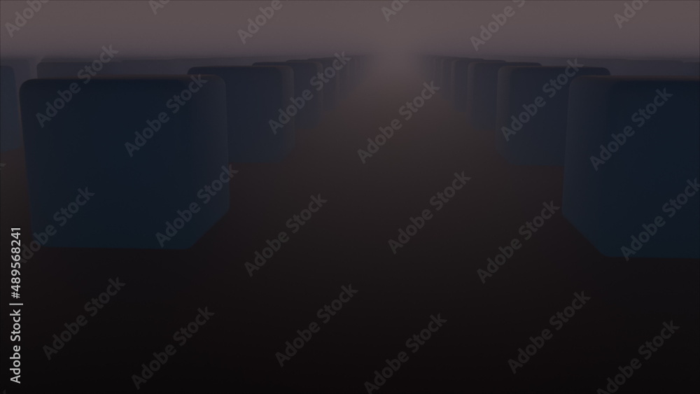 Poster Geometric rows 3d render of squares in futuristic darkened composition. Mystical digital landscape with abstract quadrangular columns and glimpses of rays of sun.