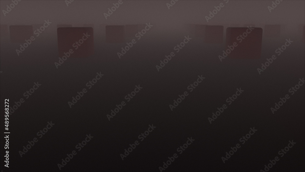Poster Geometric rows 3d render of squares in futuristic darkened composition. Mystical digital landscape with abstract quadrangular columns and glimpses of rays of sun.