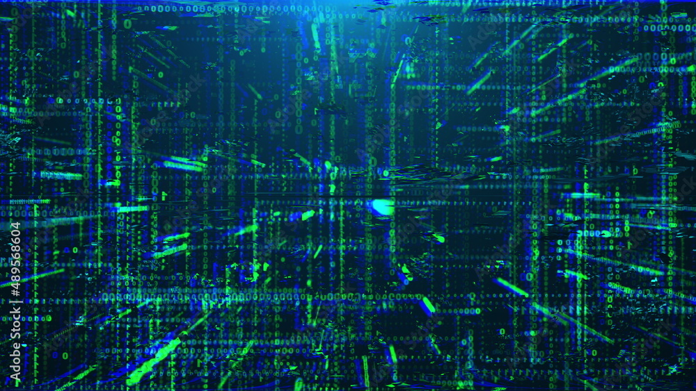 Poster transmission corruption 3d data render in cyber structure of matrix information. static failure with