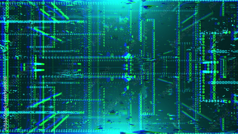 Poster transmission corruption 3d data render in cyber structure of matrix information. static failure with