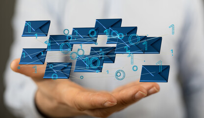 Approved email and spam message displayed on a futuristic interface