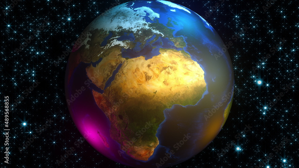Poster bright sphere with continents and oceans swirls in 3d render space. planetary ball with glow element