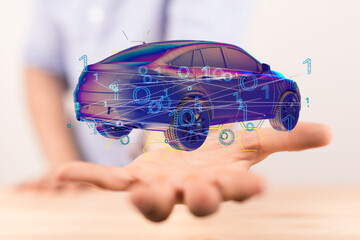 Hologram auto, futuristic polygonal model auto.