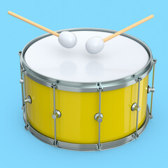 Fototapeta na wymiar Realistic drum and wooden drum sticks on blue. 3d render of musical instrument