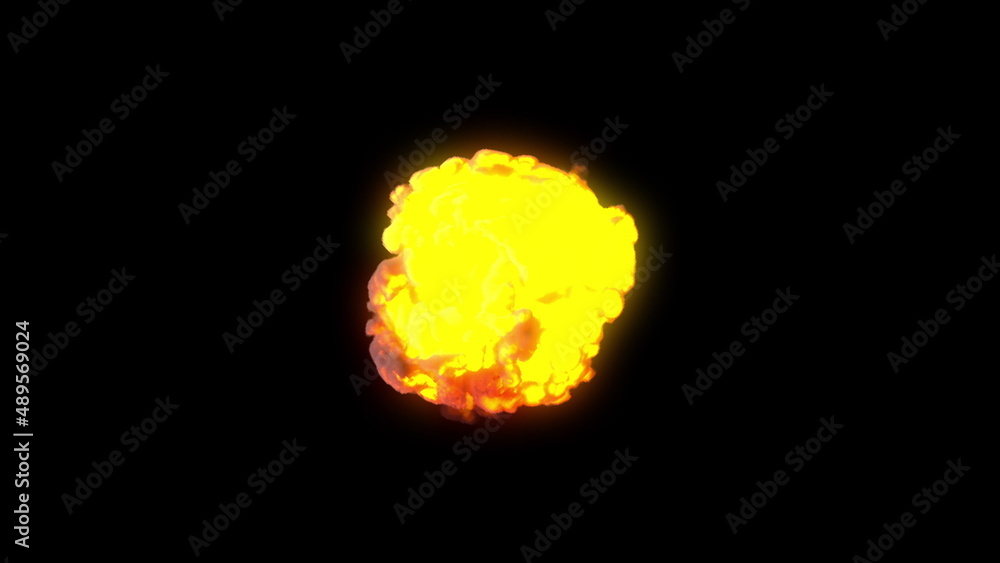 Poster detonation with powerful 3d render of energy release and smoky clouds. destructive flash with flame 