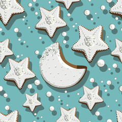 Seamless Christmas, New Year pattern. Cookies in the form of the moon and stars on a turquoise background.
