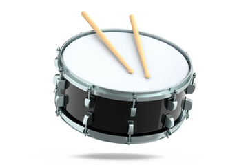 Realistic drum and wooden drum sticks on white. 3d render of musical instrument - obrazy, fototapety, plakaty