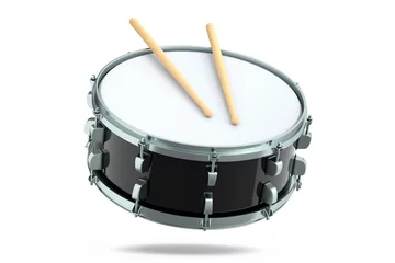 Fotobehang Realistic drum and wooden drum sticks on white. 3d render of musical instrument © Vasyl Onyskiv