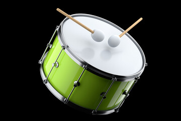 Realistic drum and wooden drum sticks on black. 3d render of musical instrument