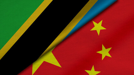 3D Rendering of two flags from Republic of Tanzania and china together with fabric texture, bilateral relations, peace and conflict between countries, great for background