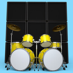 Fototapeta na wymiar Set of realistic drums with metal cymbals or drumset and amplifier on blue