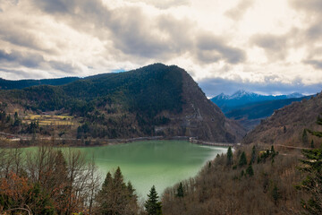 The artificial Lake Plastira and the hydroelectric dam. Against the background of the mountains of Agrafa