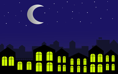 Obraz na płótnie Canvas City at night. Bright moon and stars in the sky. Illustration.