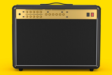 Classical electric and acoustic guitar amplifier isolated on yellow background. - obrazy, fototapety, plakaty