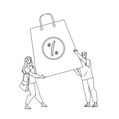 Mega Sale With Special Offers At Products Black Line Pencil Drawing Vector. Man And Woman Customers Holding Bag With Goods At Mega Sale Season Discount. Characters Shopaholic In Store Illustration