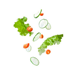 Healthy flying vegetables ingredients isolated on white background. Concept diet and healthy eating