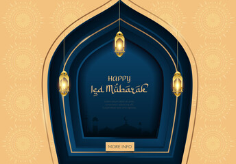 Happy ied mubarak background with mosque window and lantern