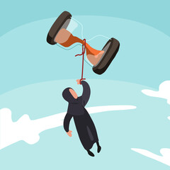 Business concept flat Arabian businesswoman flying with hourglass balloon to the sky. Business time management and deadline concept. Success, champion, victory, sandglass. Design vector illustration
